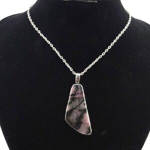 Rhodonite Pendant Necklace Pink Black Natural Stone Trapezoid Silver Tone Chain